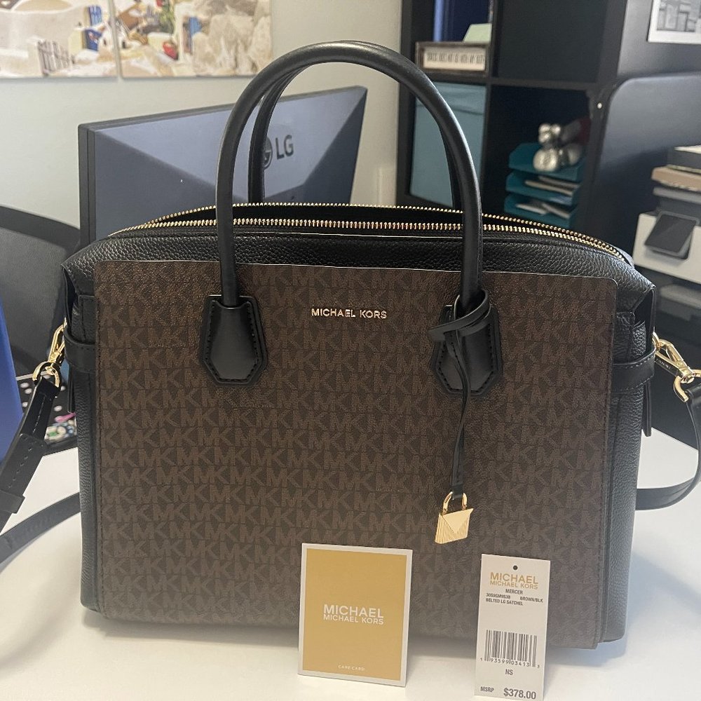 Michael Kors Mercer Belted Large Satchel Brown Black